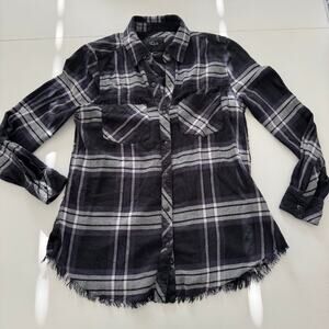 Rails Flannel Black White Plaid Shirt Snaps Front Pockets Size Small Raw Hem